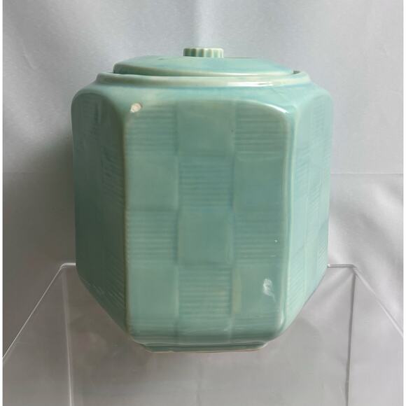 Shawnee USA Late 30s Hexagon Basket Weave Pottery Cookie Jar Aqua Mint Turquoise - Picture 3 of 8